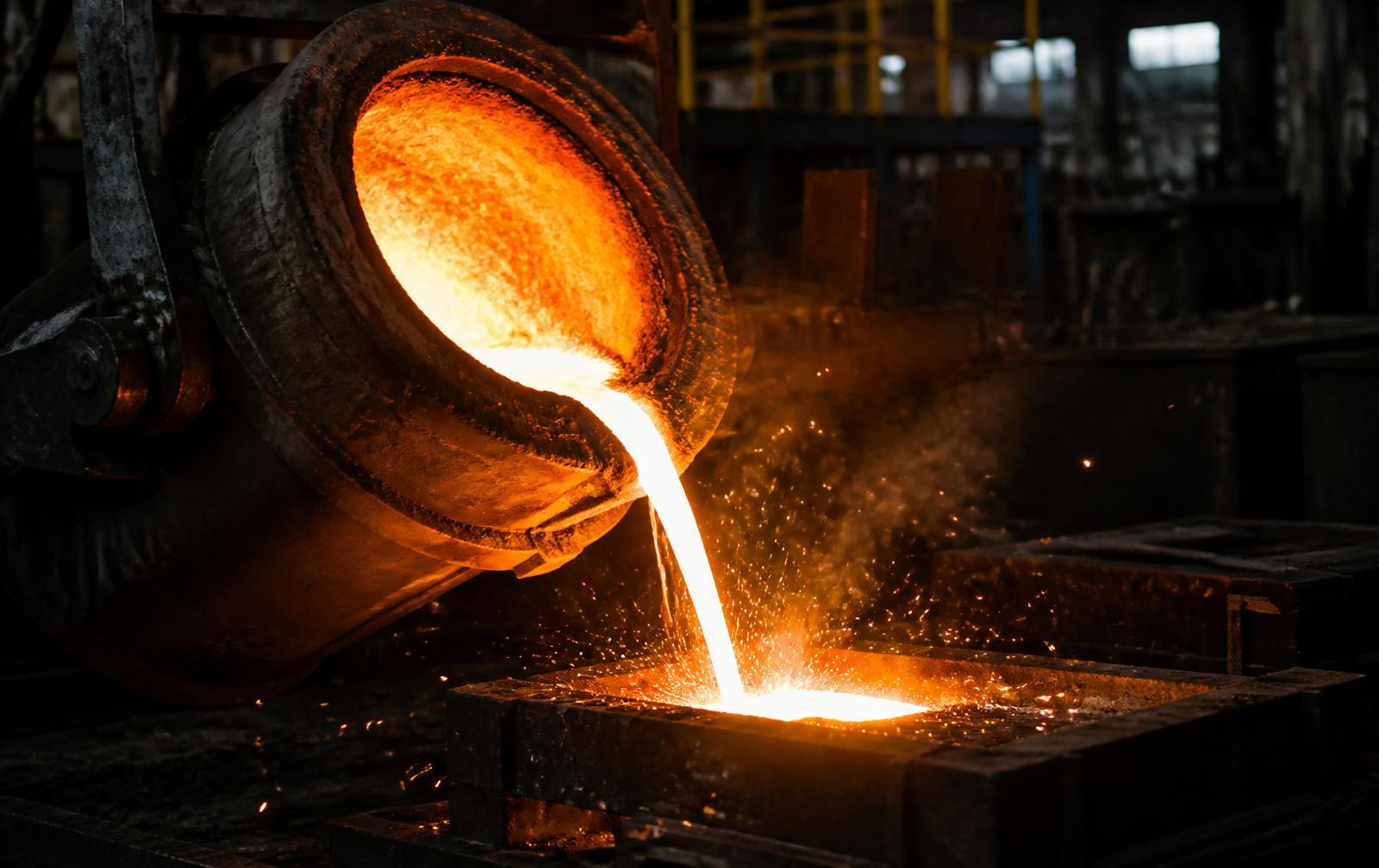 Molten aluminium being poured from a crucible furnace